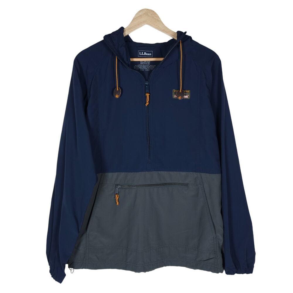 L.L.Bean Womns Anorak Jacket Small Navy Blue Gray Colorblock Hooded Pocket Coat